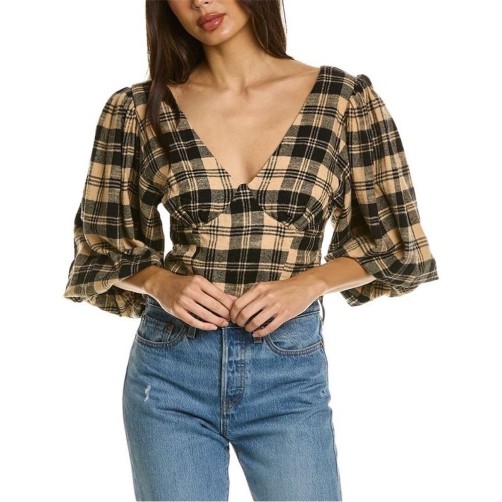 NWT Chaser Plaid Puff Sleeve Crop Top